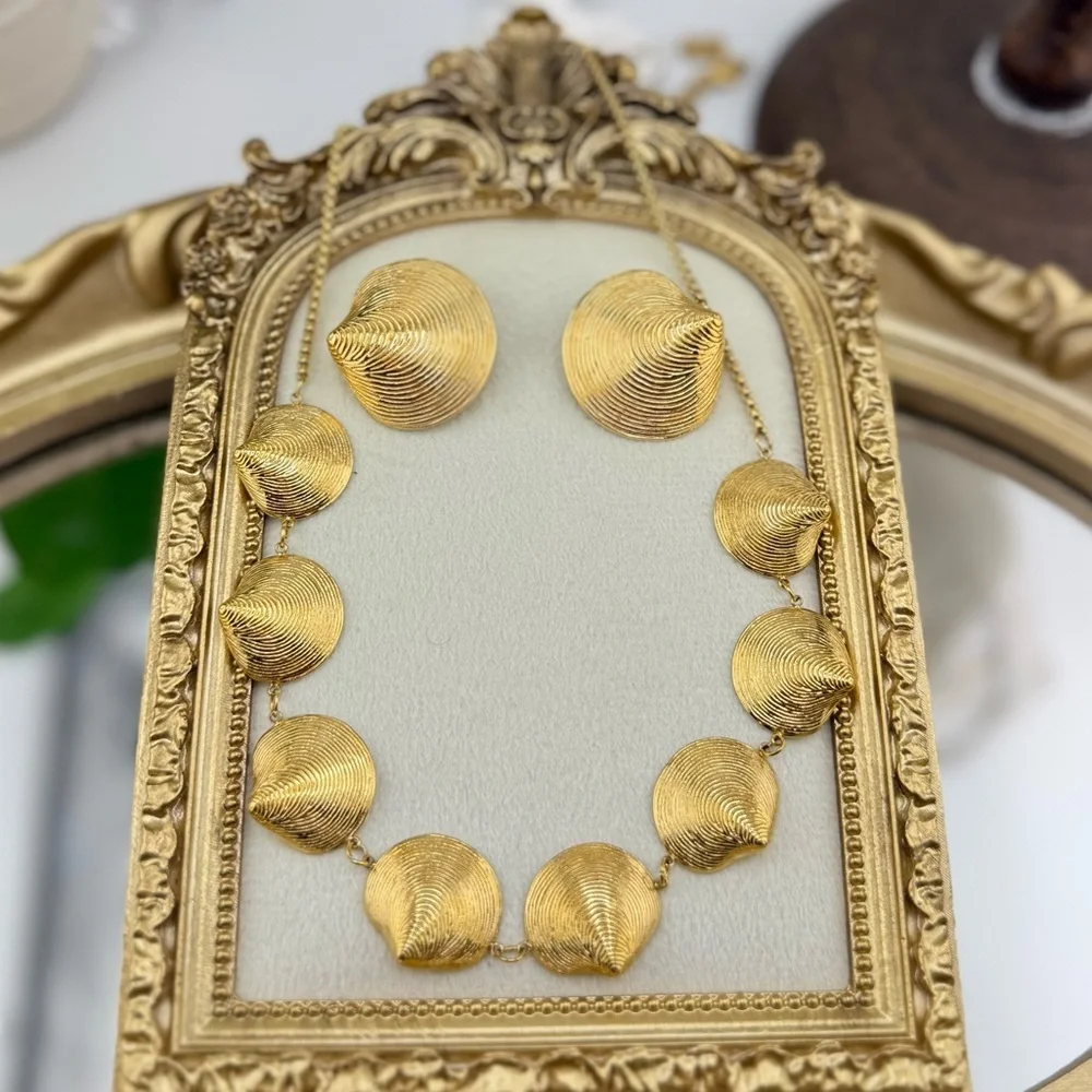 Gold Textured Bead Statement Necklace & Earring Set – Stainless Steel - Picture 9 of 17